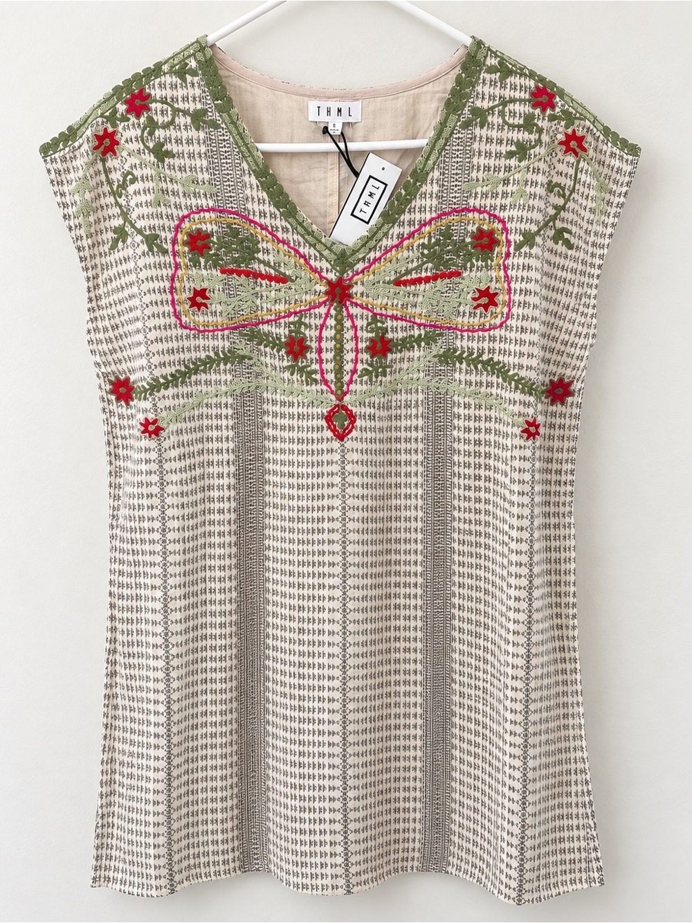 THML Cream Knit Tunic with Green and Red Butterfly Embroidery